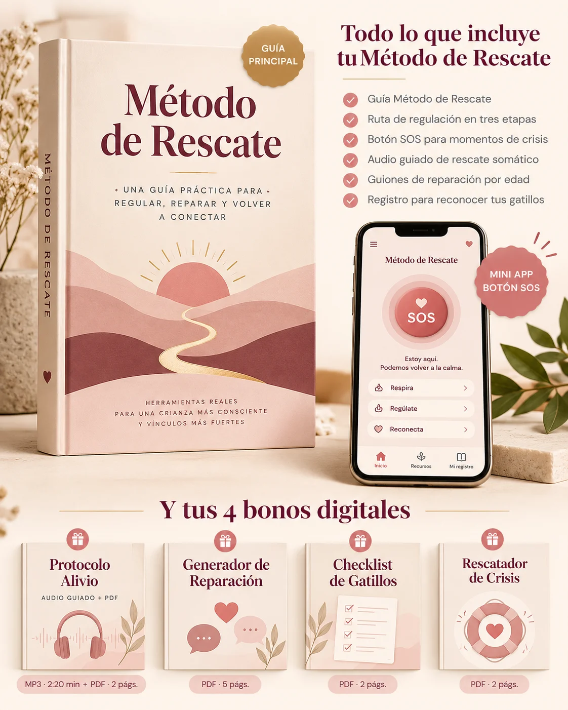 Todo lo que incluye tu Método de Rescate: la guía principal, la mini app Botón SOS y los cuatro bonos digitales