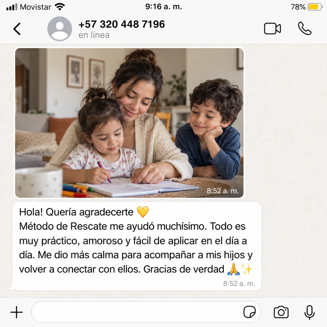 Captura de WhatsApp con un mensaje de agradecimiento por Método de Rescate