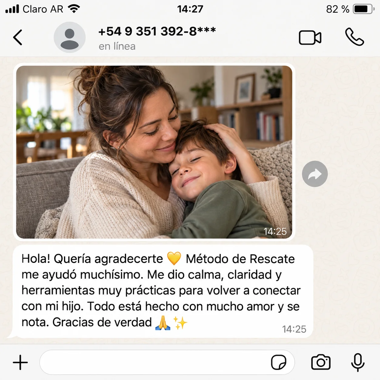 Captura de WhatsApp con un mensaje de agradecimiento por Método de Rescate